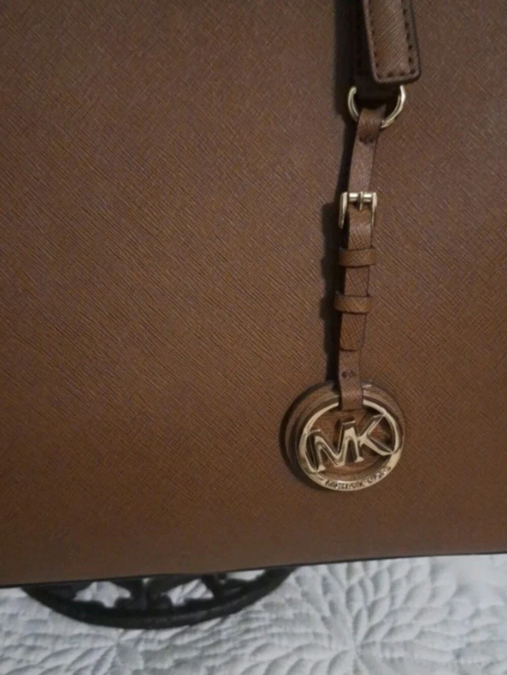Michael Kors Cognac Leather Saffiano Tote with MK Charm - Picture 2 of 6
